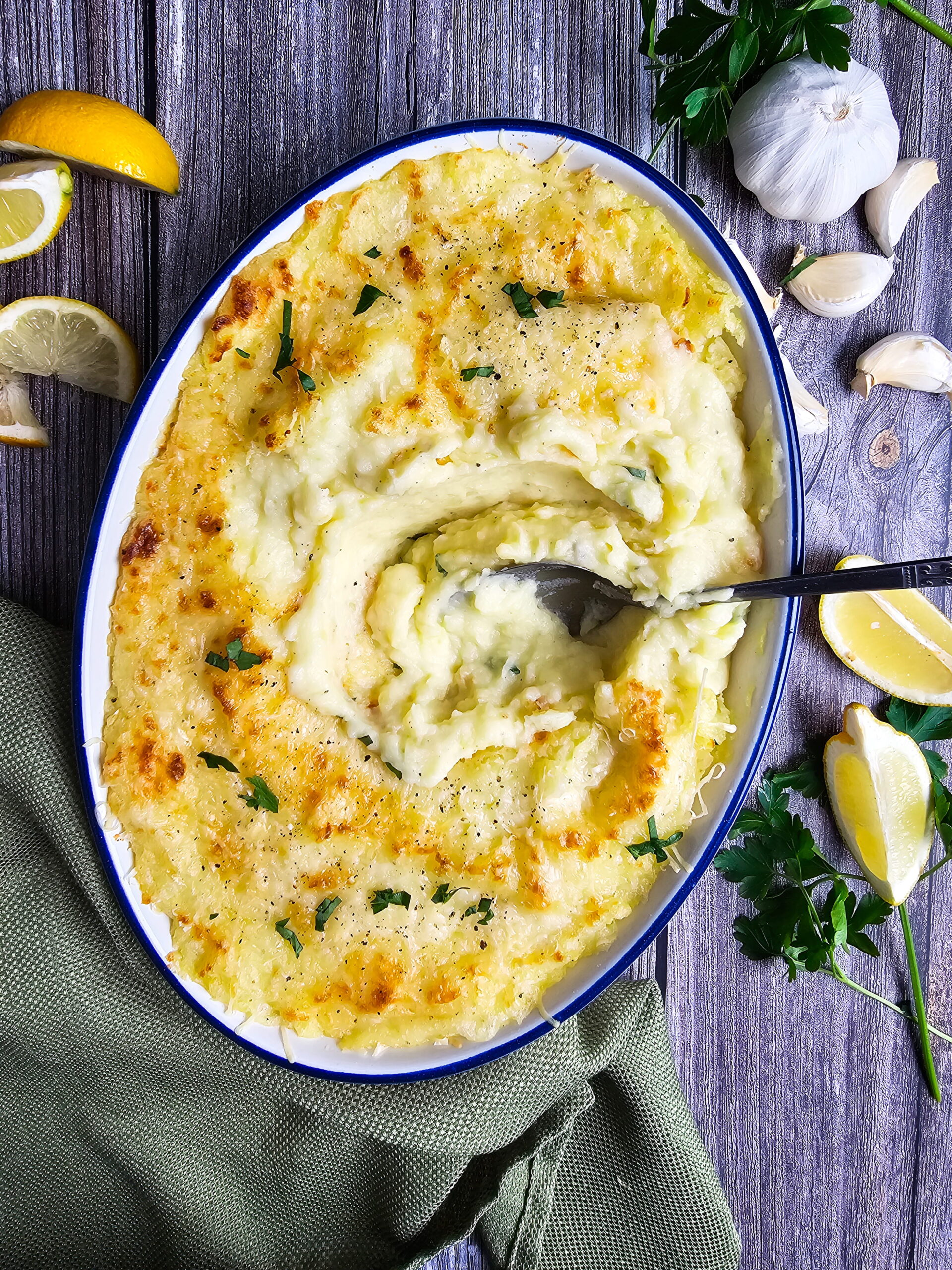 Chantilly mashed potatoes baked until golden and bubbly in the oven ready for the broiler