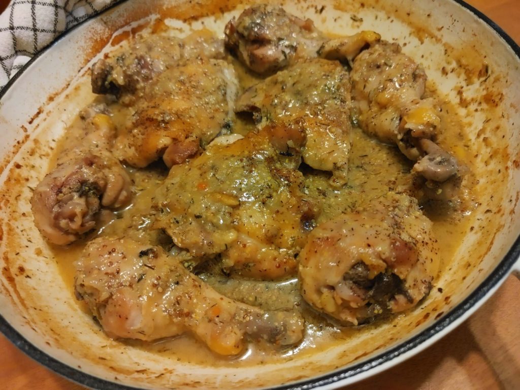 WINE BRAISED MUSTARD CHICKEN TAKEN OUT OF THE OVEN