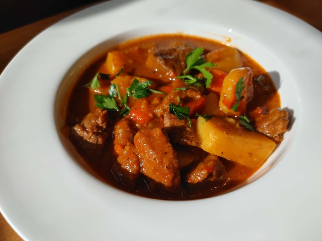 HUNGARIAN BEEF GOULASH PLATED FOR DISPLAY