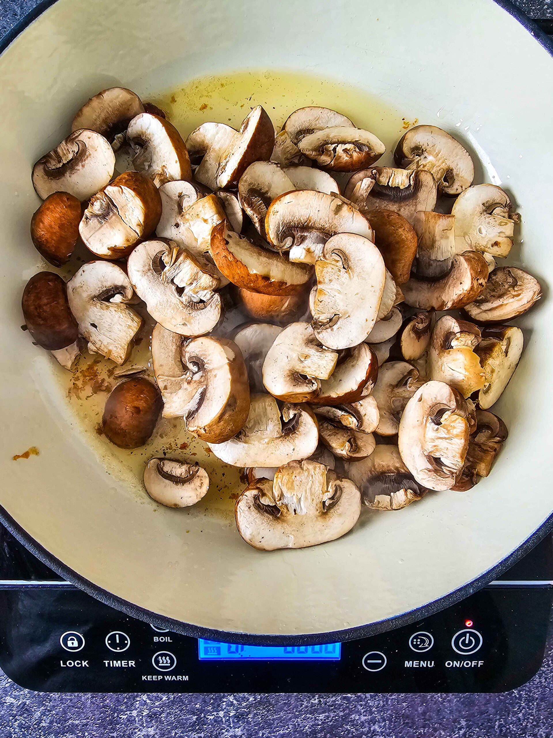 ADD THE MUSHROOMS AND SAUTE FOR 4-5 MINUTES