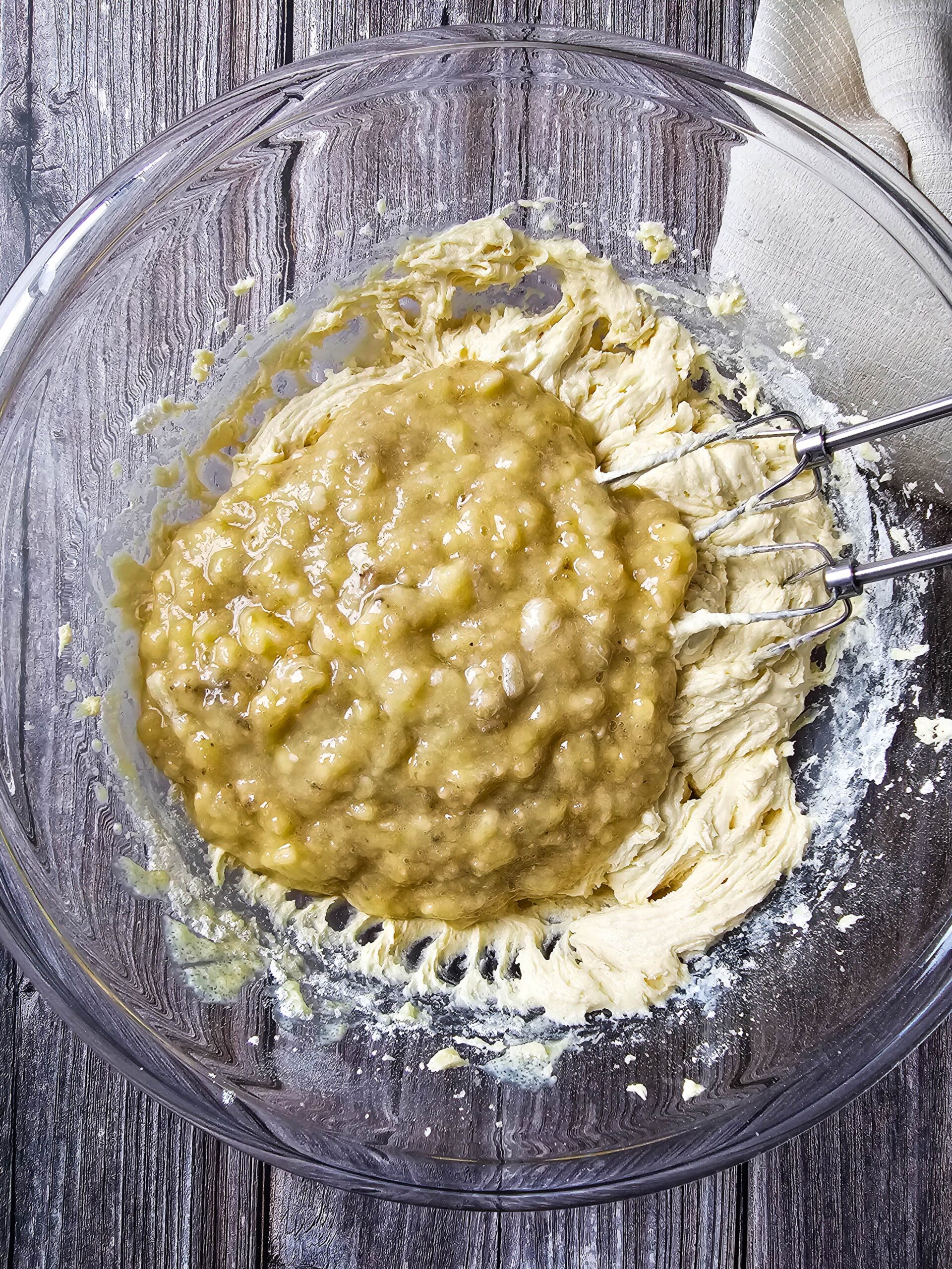 FOLD IN THE MASHED RIPE BANANAS