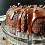 SIDE VIEW OF CHOCOLATE ZUCCHINI BUNDT CAKE