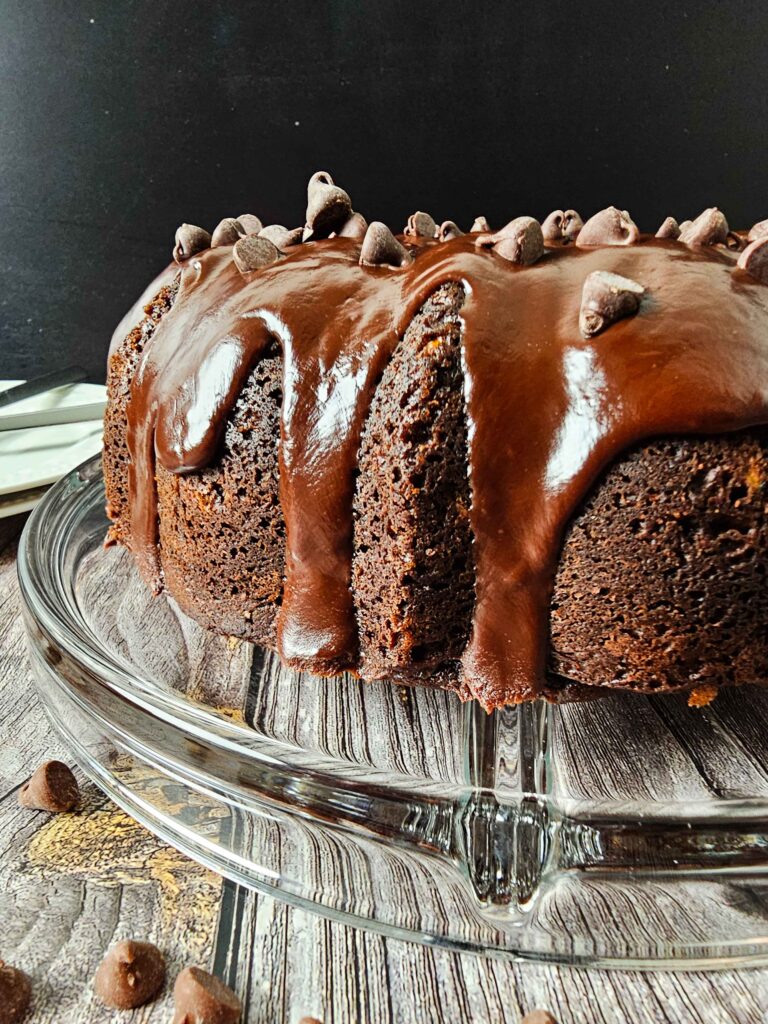 SIDE VIEW OF CHOCOLATE ZUCCHINI BUNDT CAKE