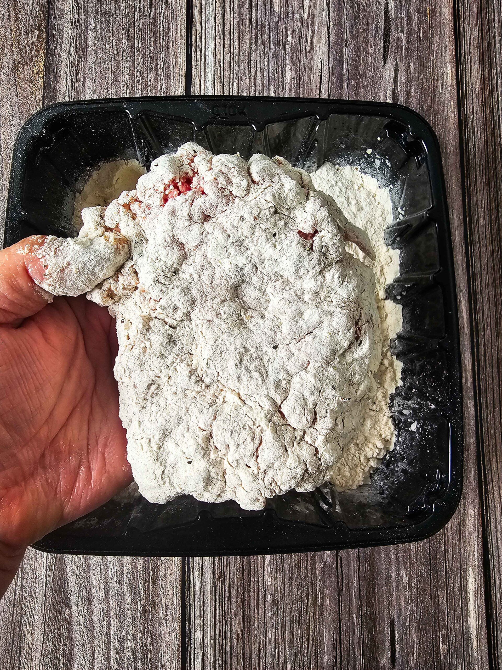 DREDGE THE CUBED INTO THE FLOUR