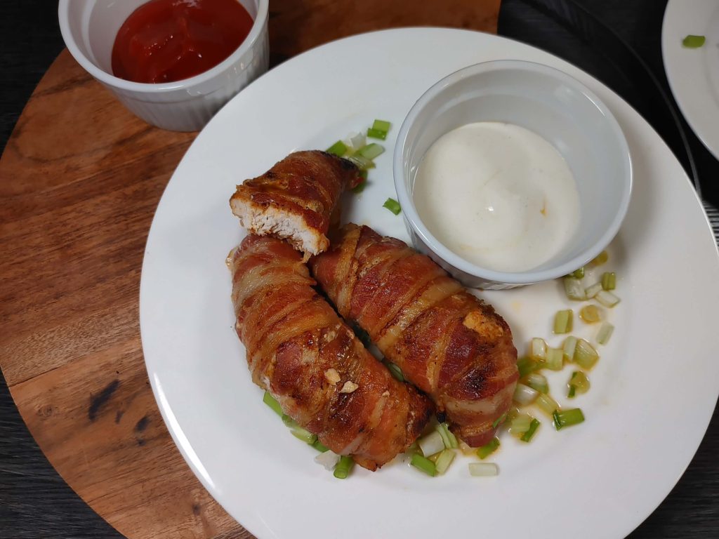 BACON WRAPPED CHICKEN TENDERS WITH DIPPING SAUCES