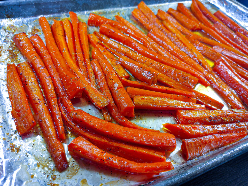 MAPLE ROASTED CARROTS JUST OUT OF THE OVEN.