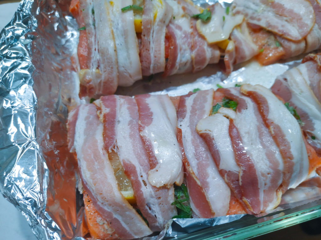 RECIPE STEPS BACON WRAPPED BAKED SALMON