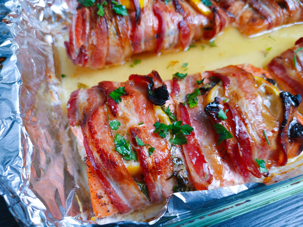 IN BAKING PAN- BACON WRAPPED BAKED SALMON