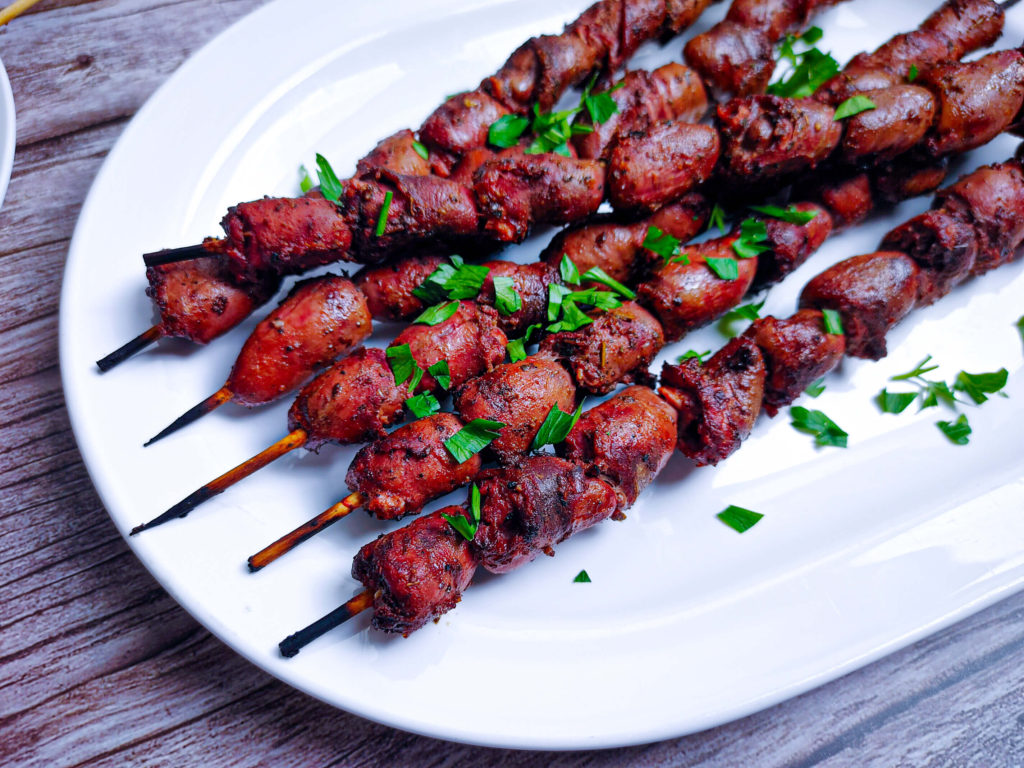 GRILLED MARINATED CHICKEN HEARTS SKEWERS