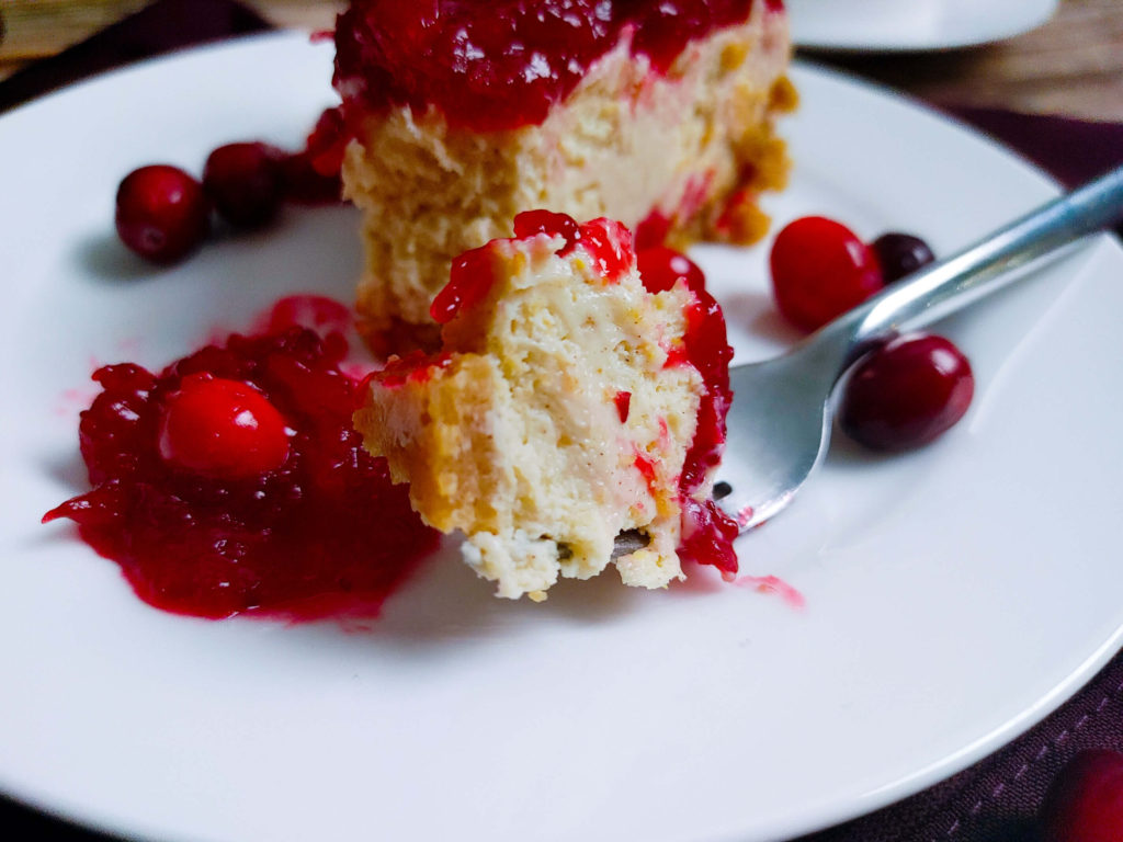 PLATED CREAMY HOLIDAY CRANBERRY CHEESECAKE ON A FORK