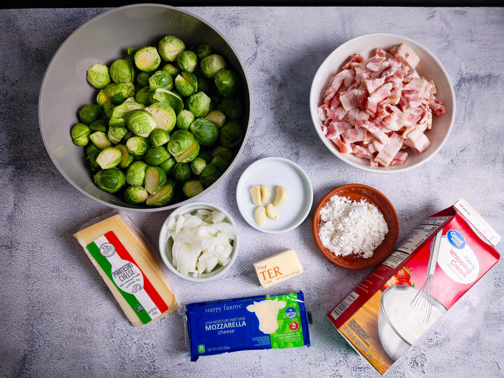 INGREDIENTS PICTURED FOR CREAMY BACON BRUSSELS SPROUTS