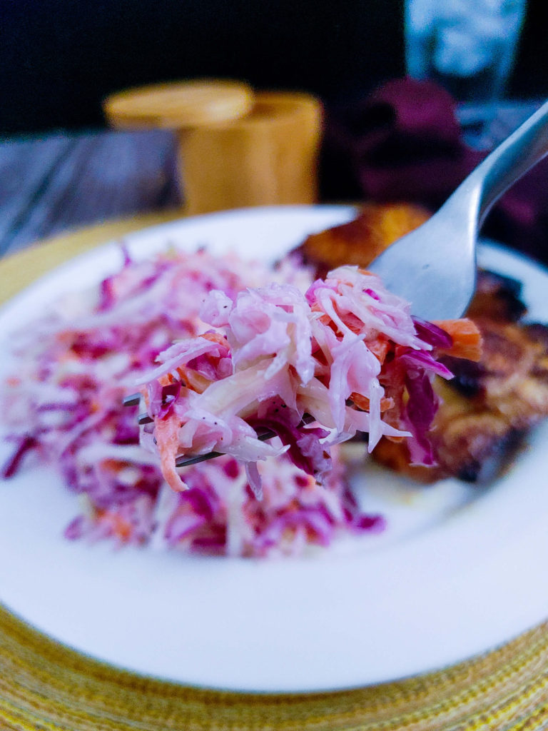 HOMEMADE CREAMY COLESLAW ON A FORK