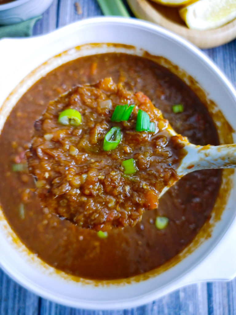 LENTILS WITH CURRY  UP CLOSE PICTURE ON LADLE