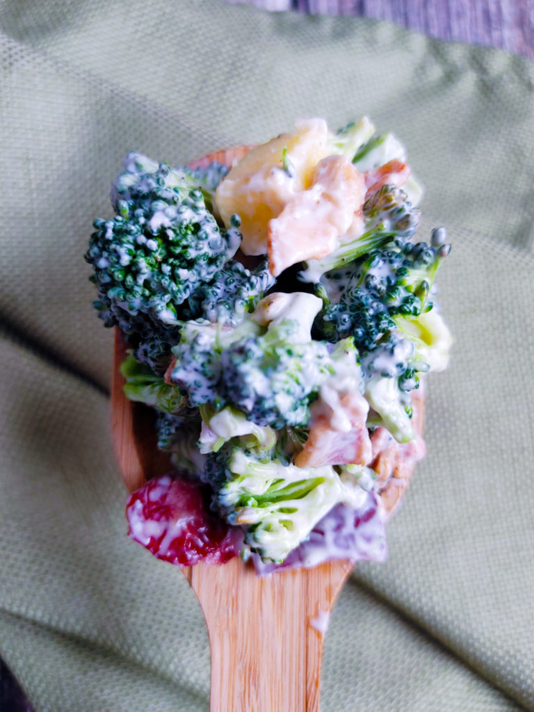 UPCLOSE PICTURE ON A SPOON CREAMY BROCCOLI SALAD