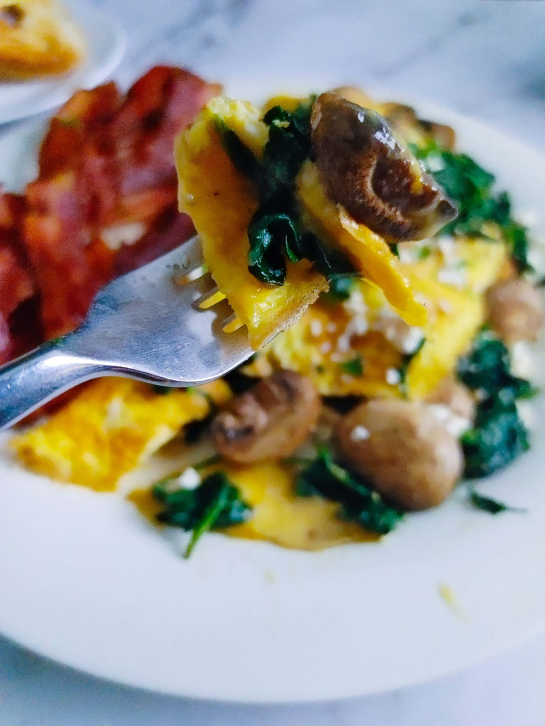 SPINACH AND MUSHROOM OMLETTE ON A FORK