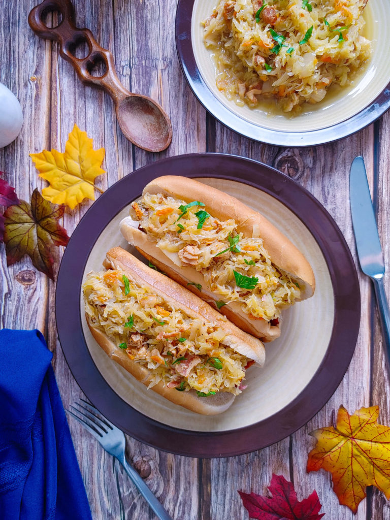 SAUERKRAUT AND SAUSAGE ON A HOAGIE ROLL