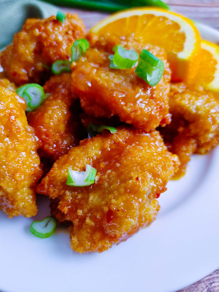 UP CLOSE PICTURE OF AIRE FRYER ORANGE CHICKEN