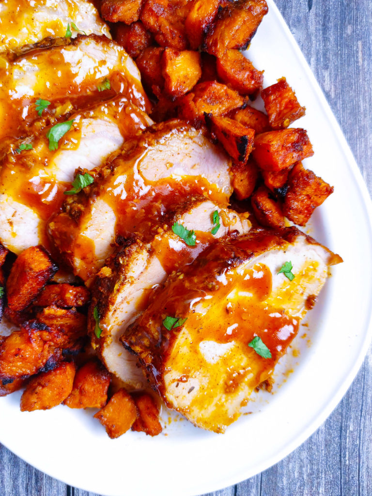 PLATTER OF PORK LOIN ROAST AND SWEET POTATOES