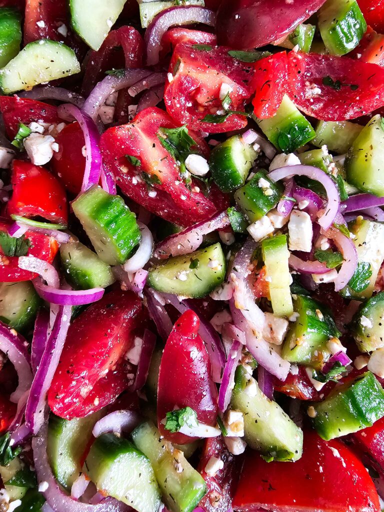 UP CLOSE PICTURE OF THE TOMATO CUCUMBER SALAD RECIPE