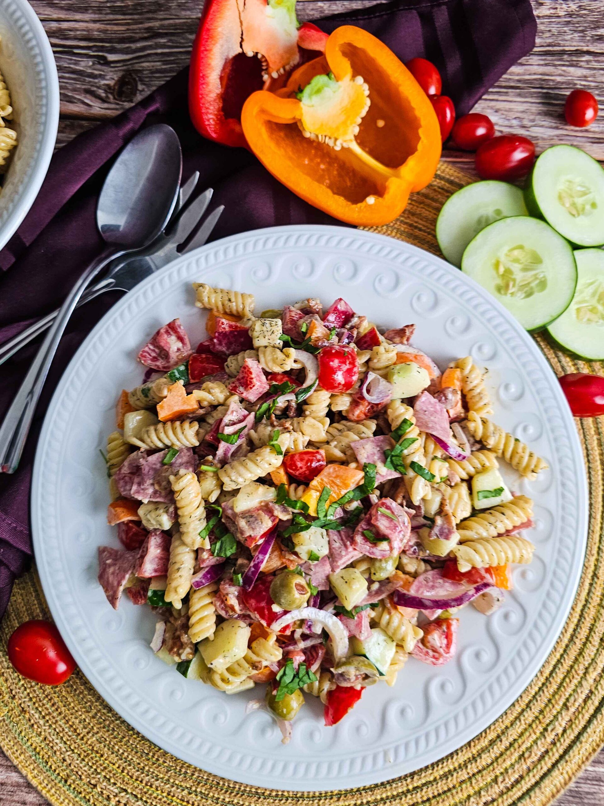 MIX THE PASTA SALAD WITH THE DRESSING AND SERVE