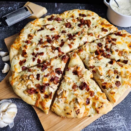 IMAGE SET AS FEATURED IMAGE -- SLICED CRISPY DRUST BACON CHICKEN WHITE SAUCE PIZZA