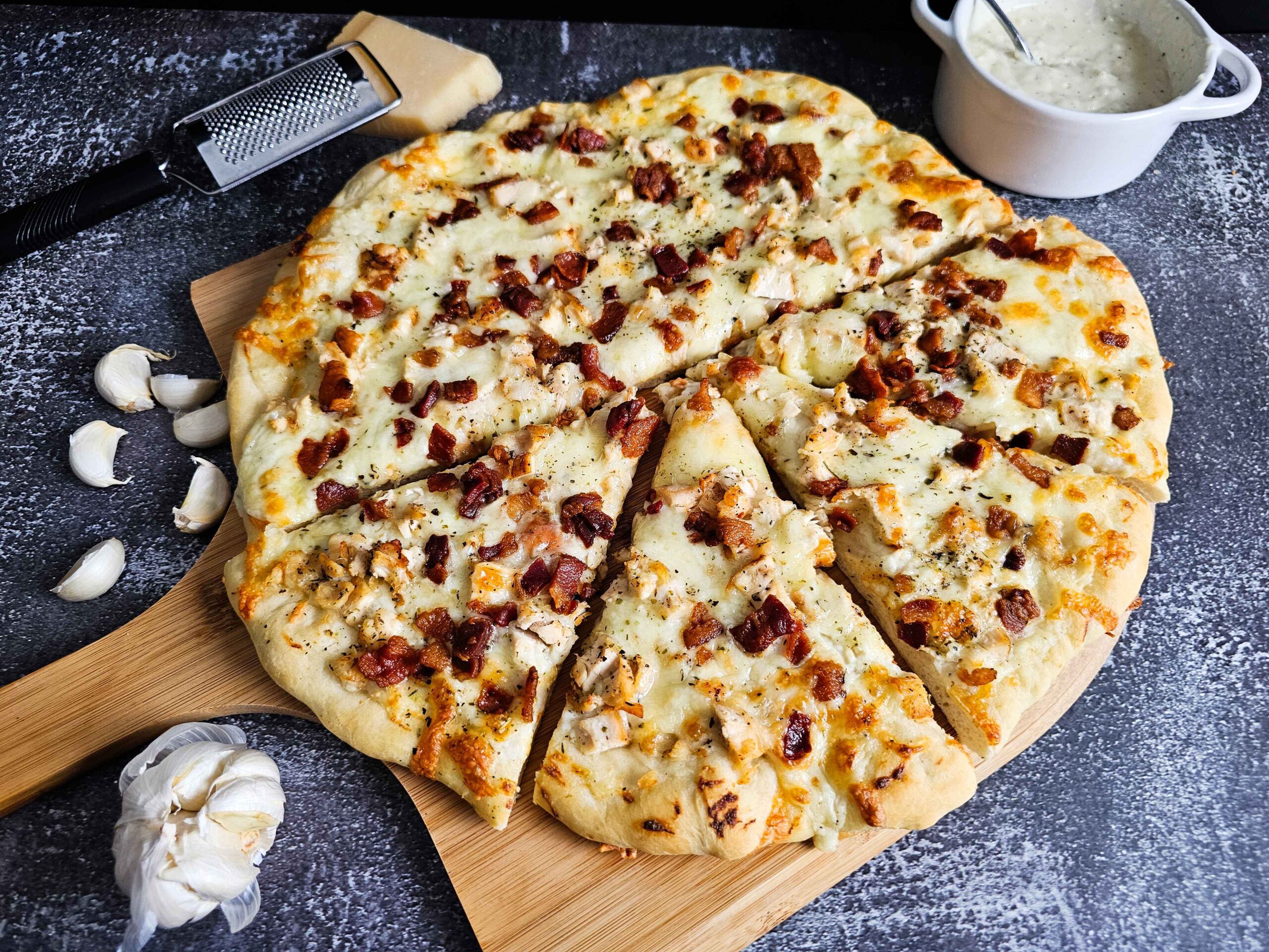 Heavenly Chicken Bacon White Sauce Pizza Recipe