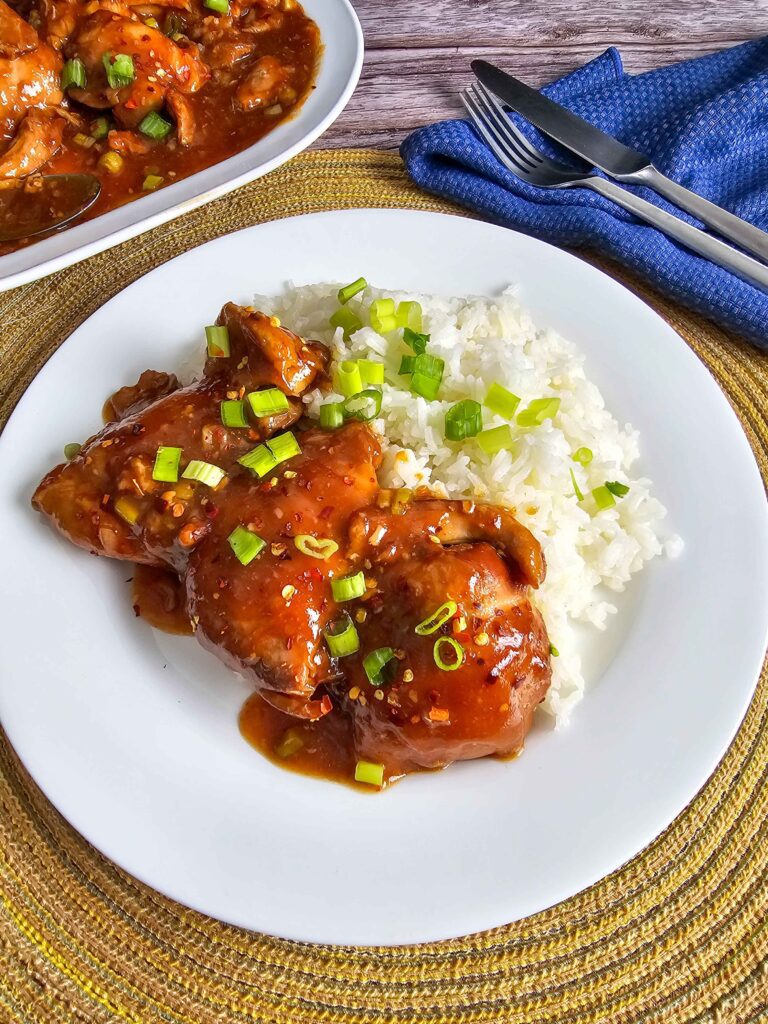 PLATED CROCKPOT CHICKEN THIGHS ON A BED OF WHITE RICE