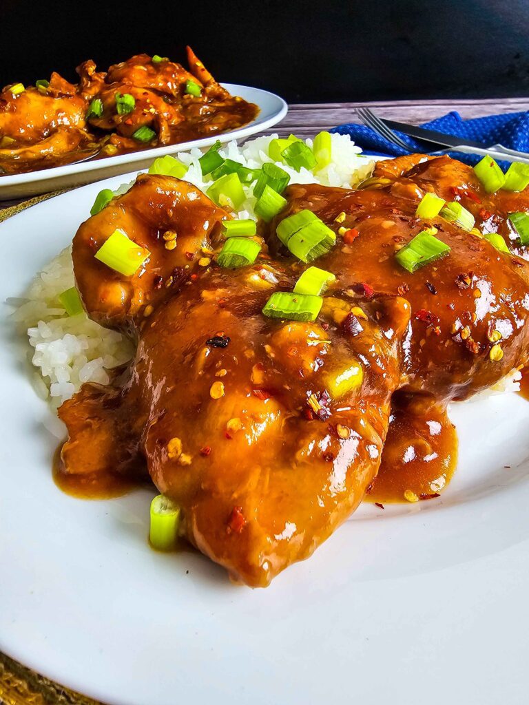 PLATE FULL OF HONEY GARLIC CROCKPOT CHICKEN ON A BED OF WHITE RICE