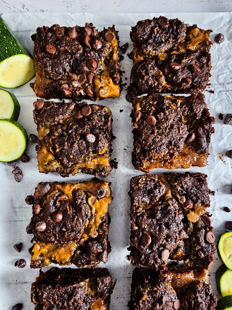 ARRANGED IN ROW THESE CARAMEL ZUCCHINI BROWNIES ARE DELICIOUS