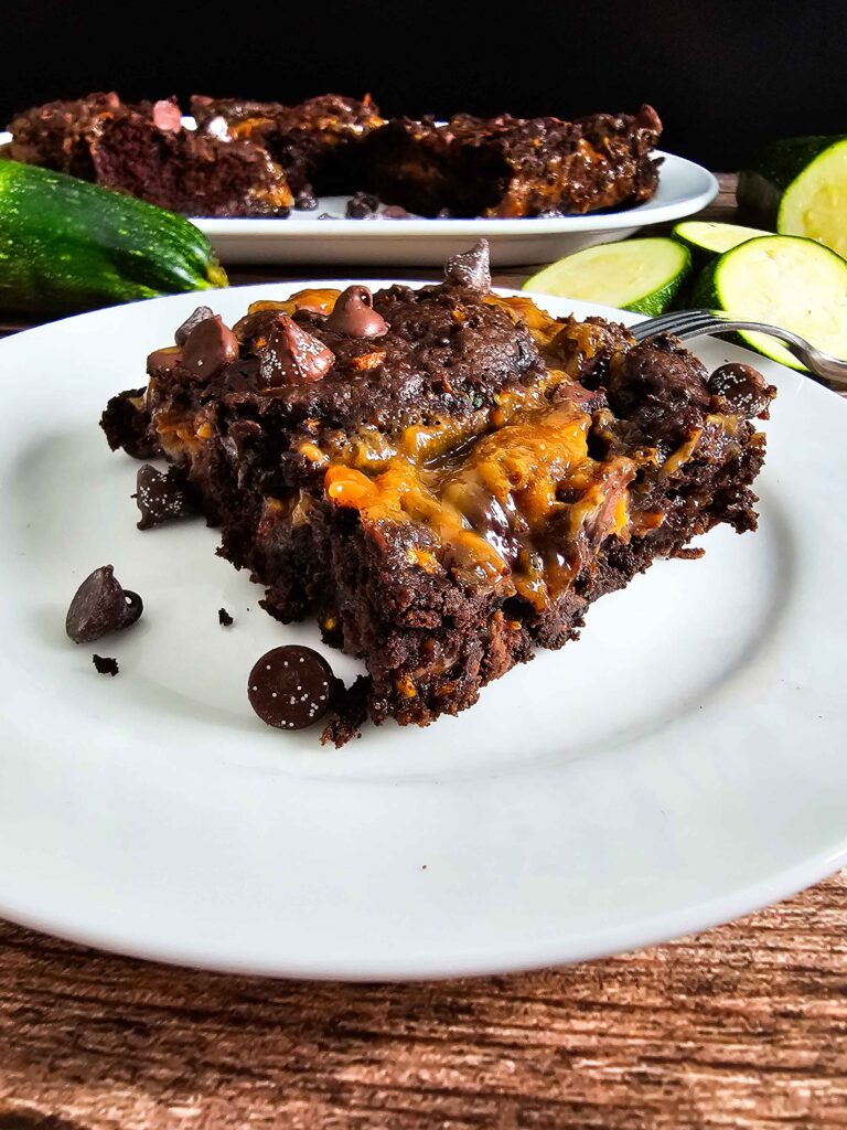 PLATED SQUARE OF CARAMEL ZUCCHINI BROWNIES