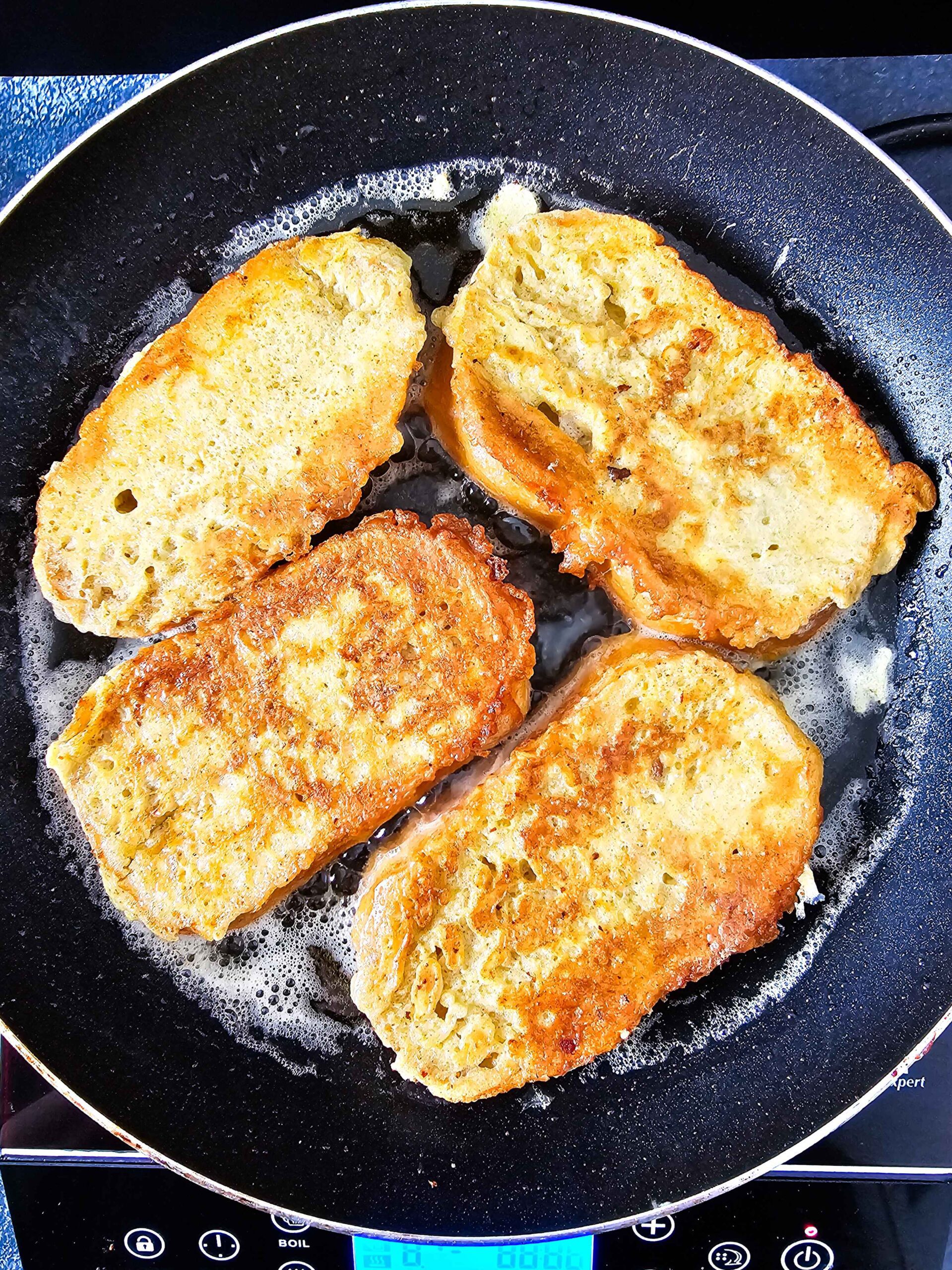 FRY THE EGG DIPPED BREAD IN HOT OIL AND FLIP UNTIL GOLDEN BROWN