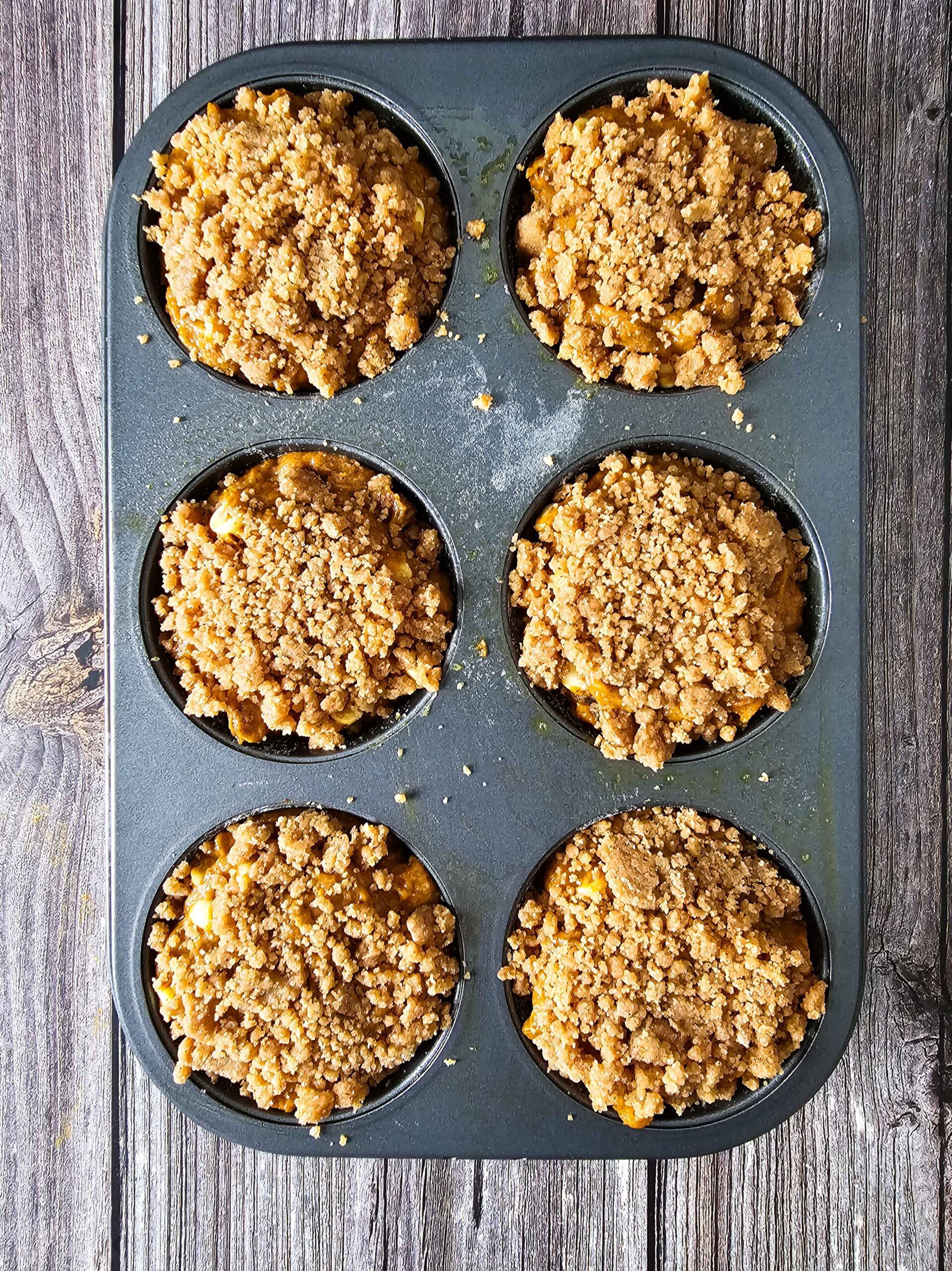 ADD THE CRUMBLE TOPPING TO THE MUFFINS