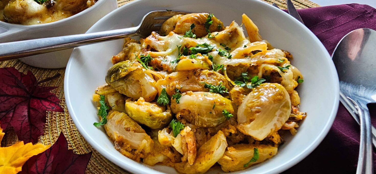 Ooey-Gooey Cheesy Bacon Brussels Sprouts