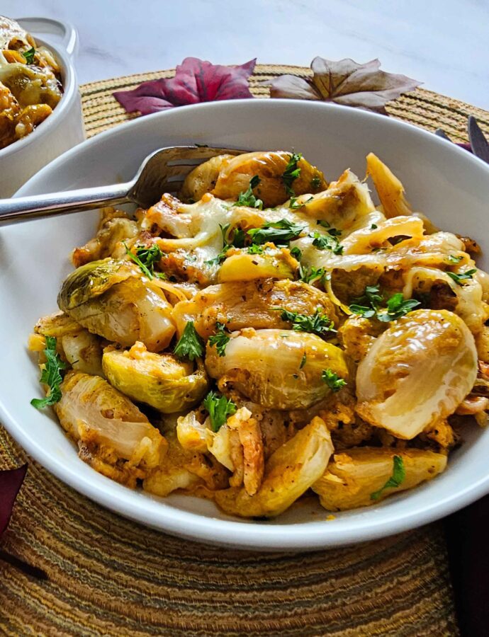 Ooey-Gooey Cheesy Bacon Brussels Sprouts