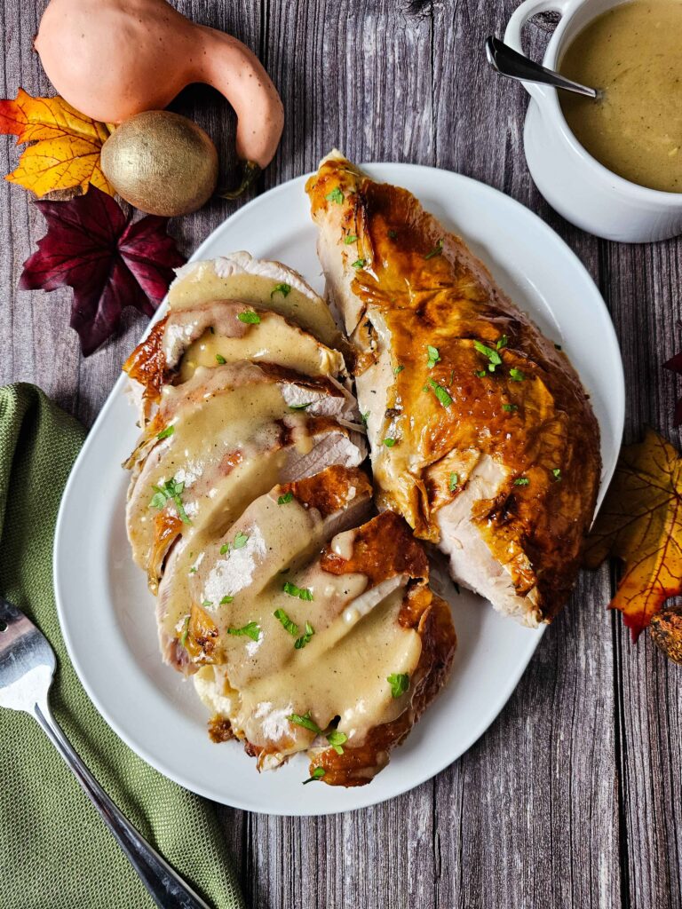 SLICE THE BRINED TURKEY AND ADD THE GRAVY