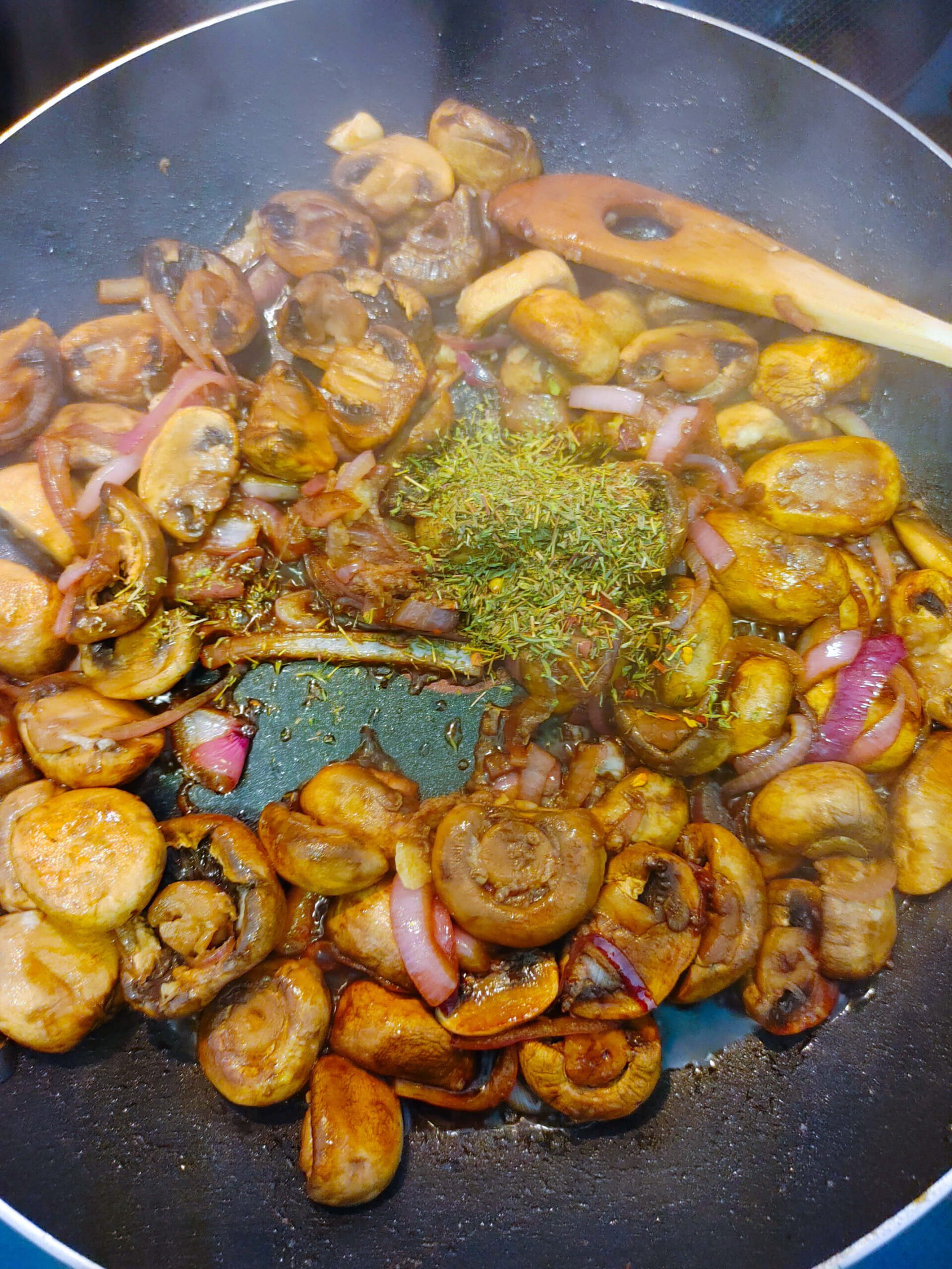 SAUTE THE VEGGIES AND ADD THE GARLIC AND SPICES