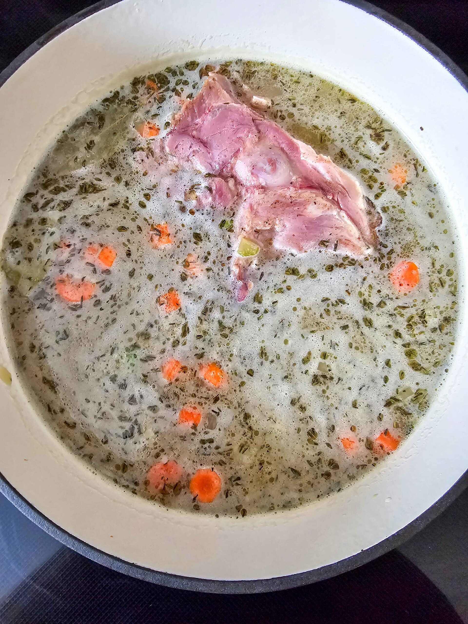 ADD CHICKEN STOCK AND SIMMER 60-90 MINUTES