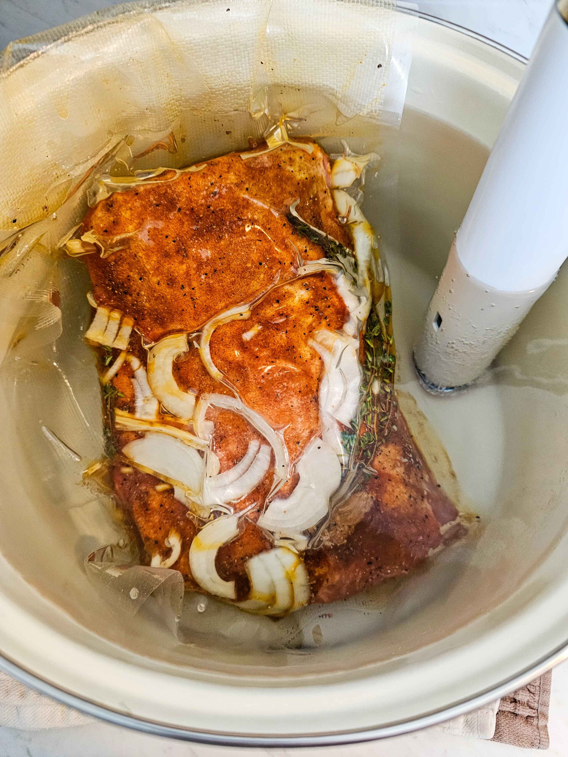 PLACE THE PORK LOIN ROAST IN THE WATER AND ALLOW THE SOUS VIDE TO DO ITS MAGIC