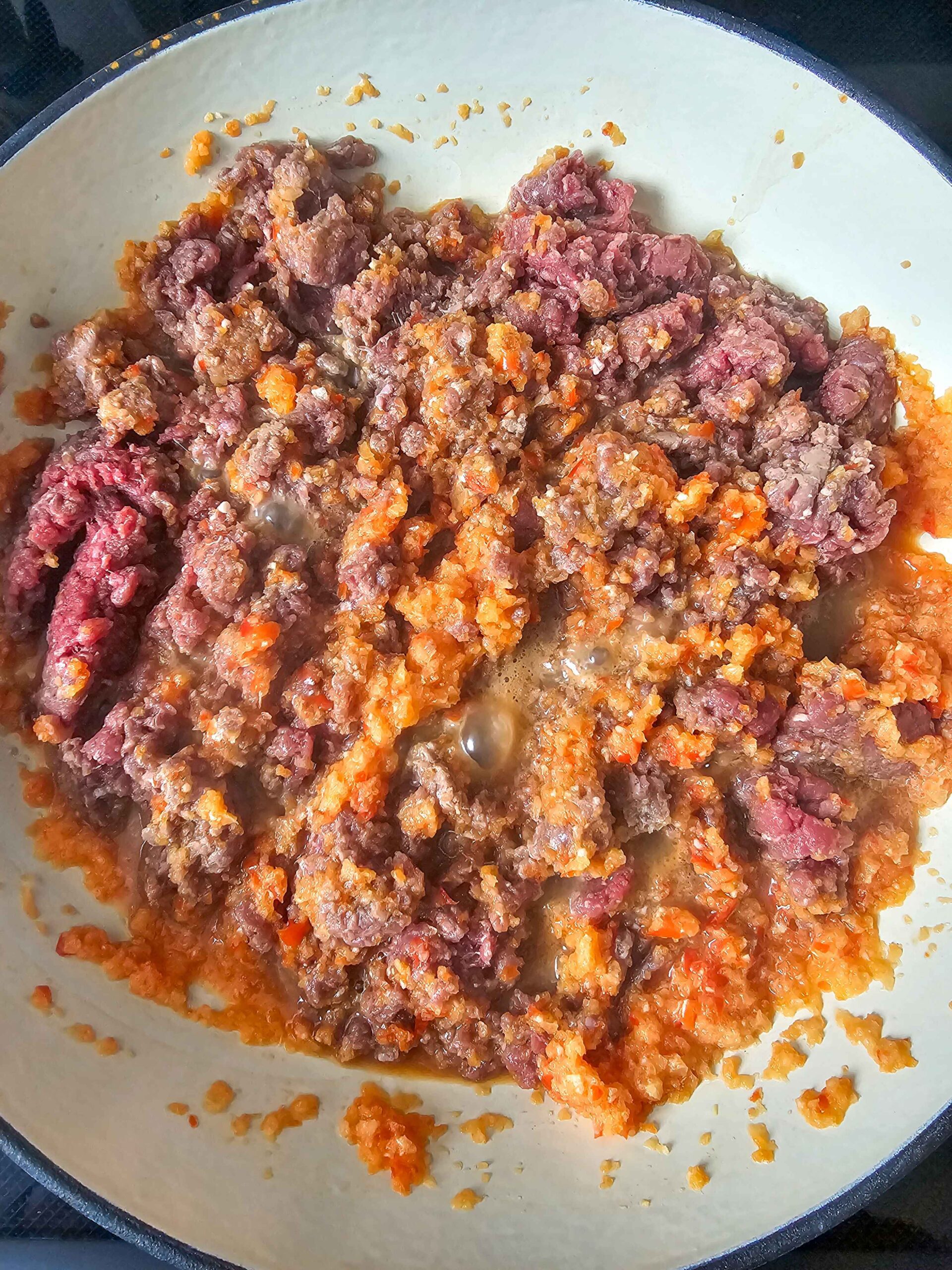 SAUTE THE VEGGIES AND THE GROUND BEEF