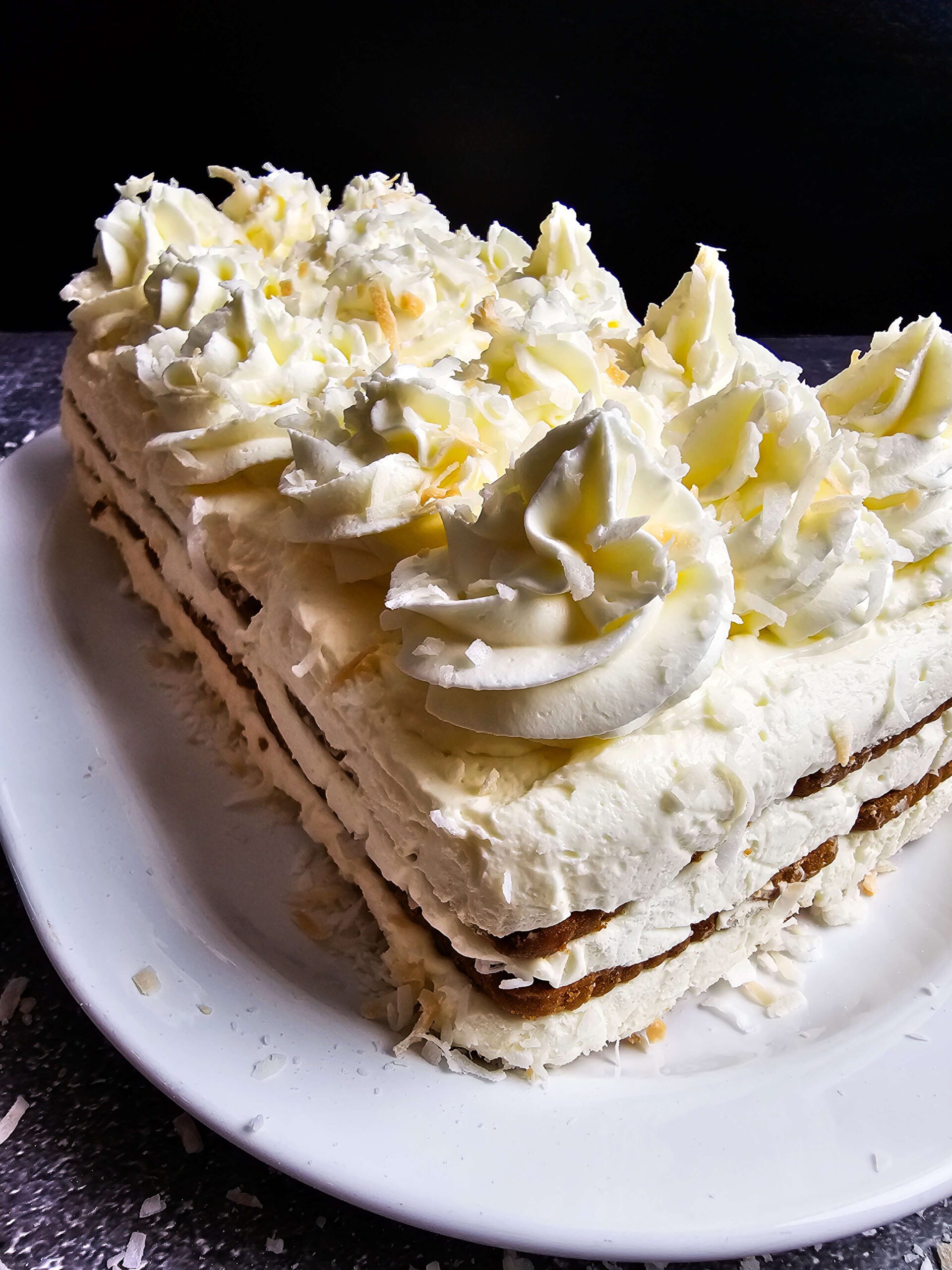 GARNISH AND SERVE THE TOATED COCONUT NO BAKE CAKE