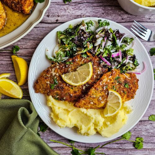 PLATE FULL OF MASHED POTATO, GREEN GARDEN SALAD AND CRISP LEMON CHICKEN CUTLETS