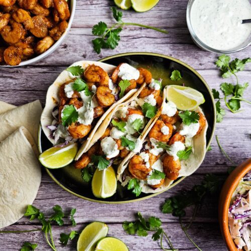 PLATE FULL OF SHRIMP TACOS