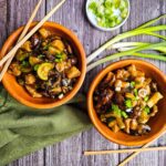 SET AS FEATURED IMAGE ON RECIPE CARD TWO WODDEN BOWLS OF SAUTEED CHICKEN AND MUSHROOMS