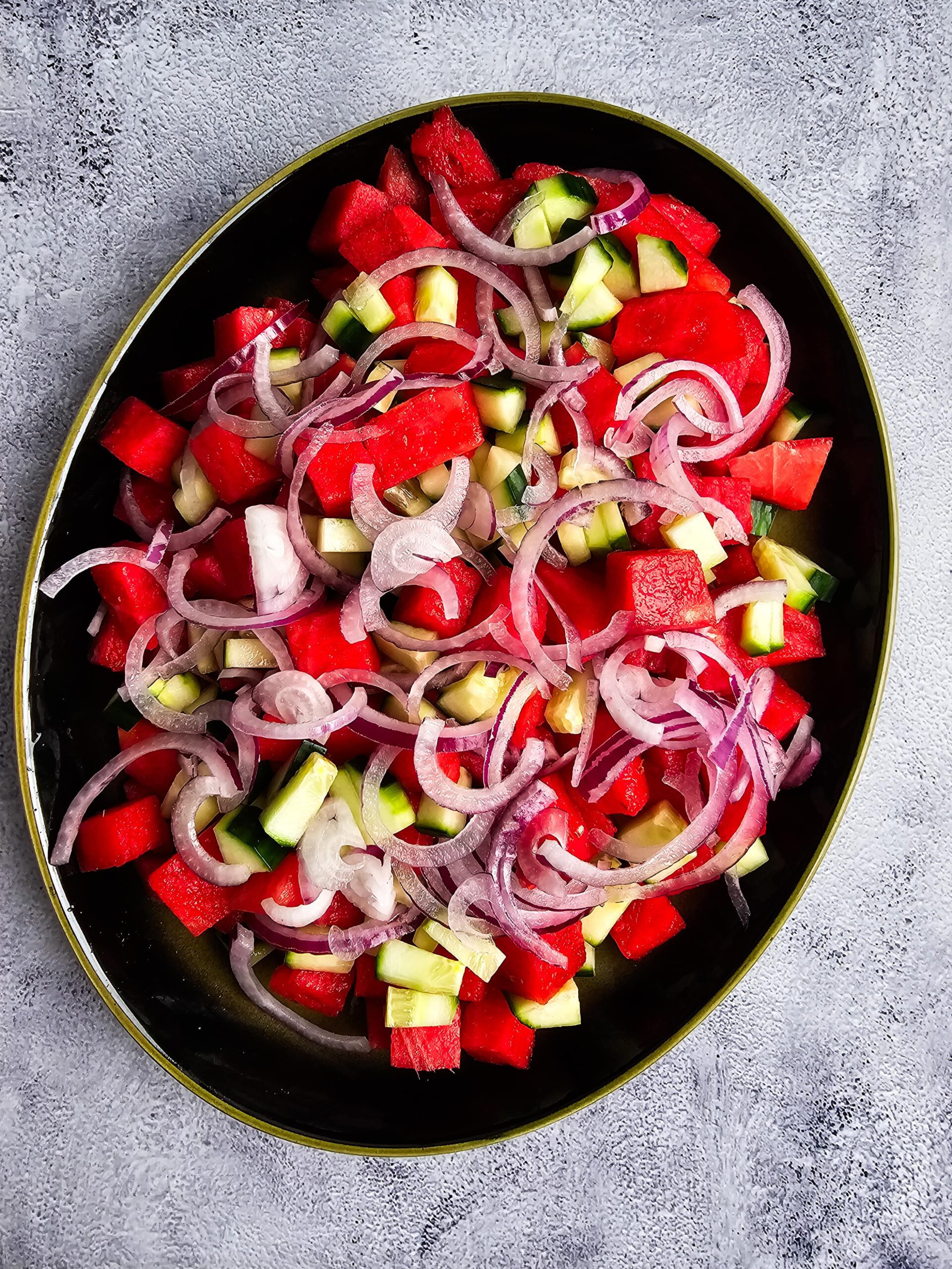 COMBINE ALL THE INGREDIENTS IN A LARGE OVAL SERVING PLATTER