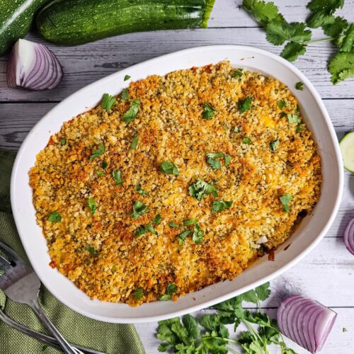 LARGE ZUCCHINI CASSEROLE WITH PANKO BREADCRUMB TOPPING GARNISHED WITH PARSLEY