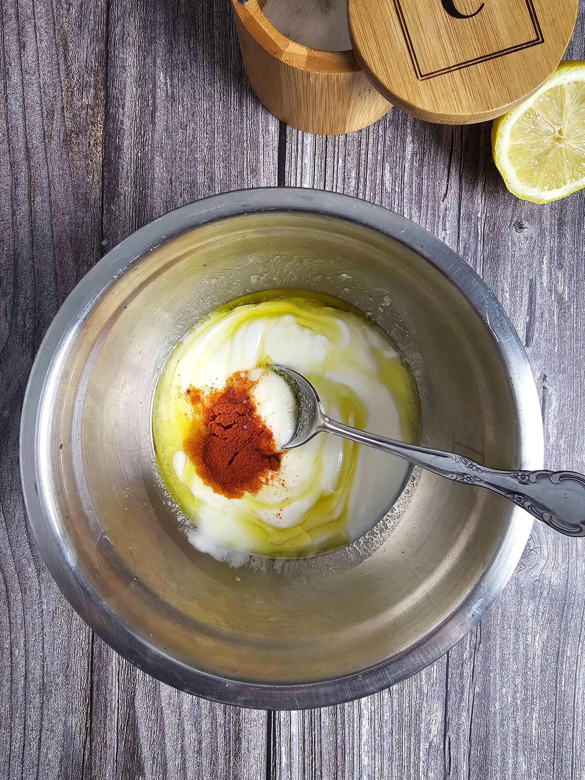 IN A SMALL STAINLESS STEAL BOWL COMBINE THE SMOKED PAPRIKA YOGURT SAUCE INGREDIENTS