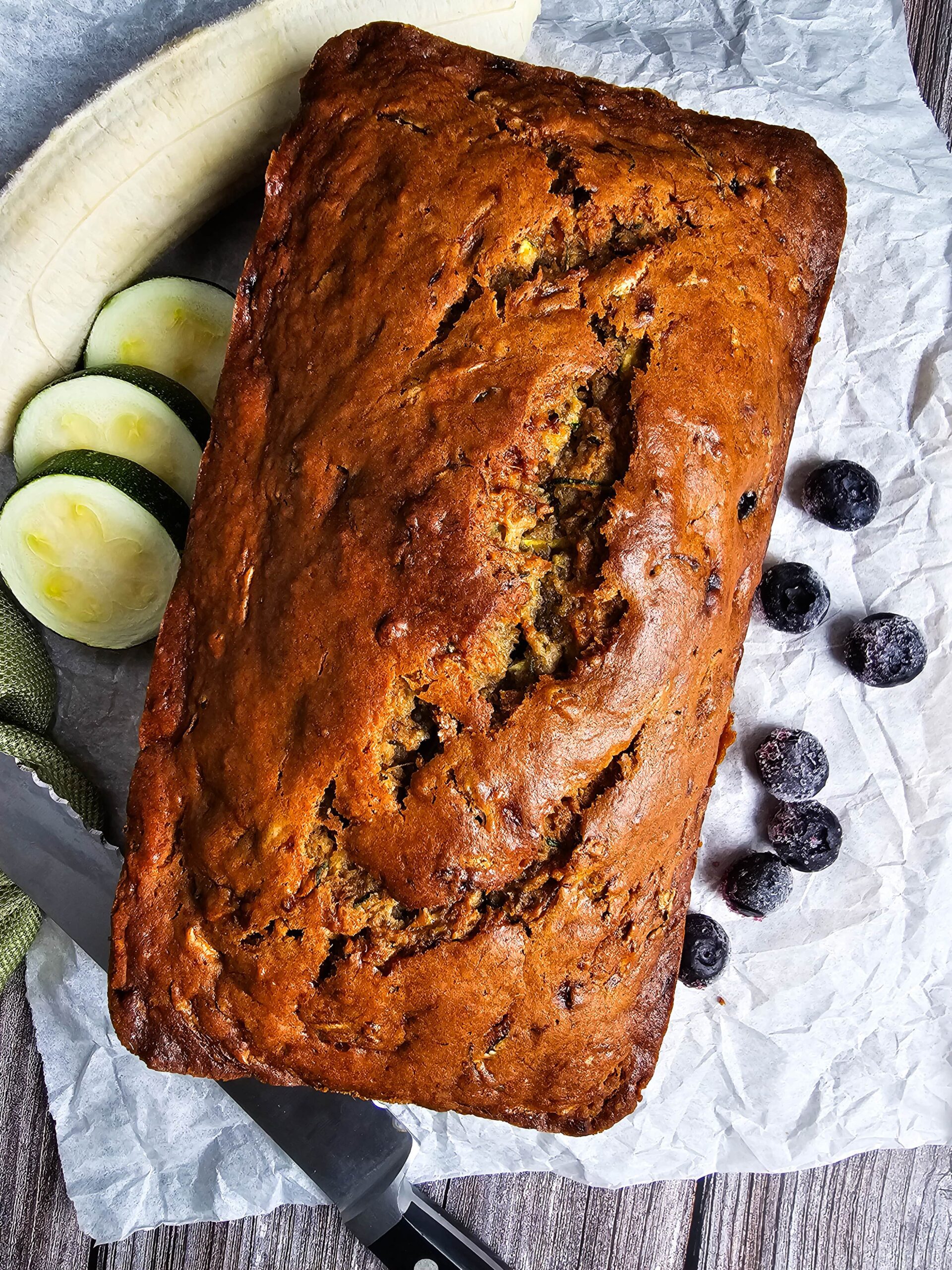 BAKED ZUCCHINI BANANA BLUEBERRY BREAD COOLING READY TO BE SLICED