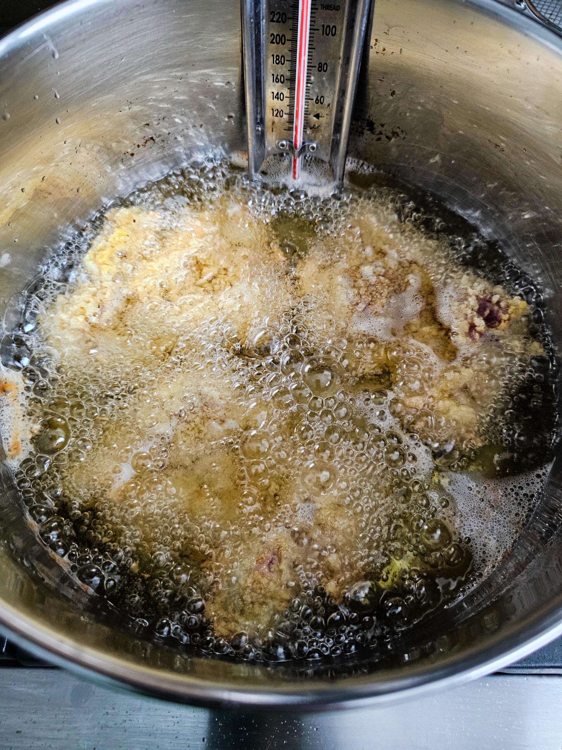 FRY THE CHICKEN UNTIL GOLDEN BROWN WITH AN INTERNAL TEMP OF 165 DEGREES F.