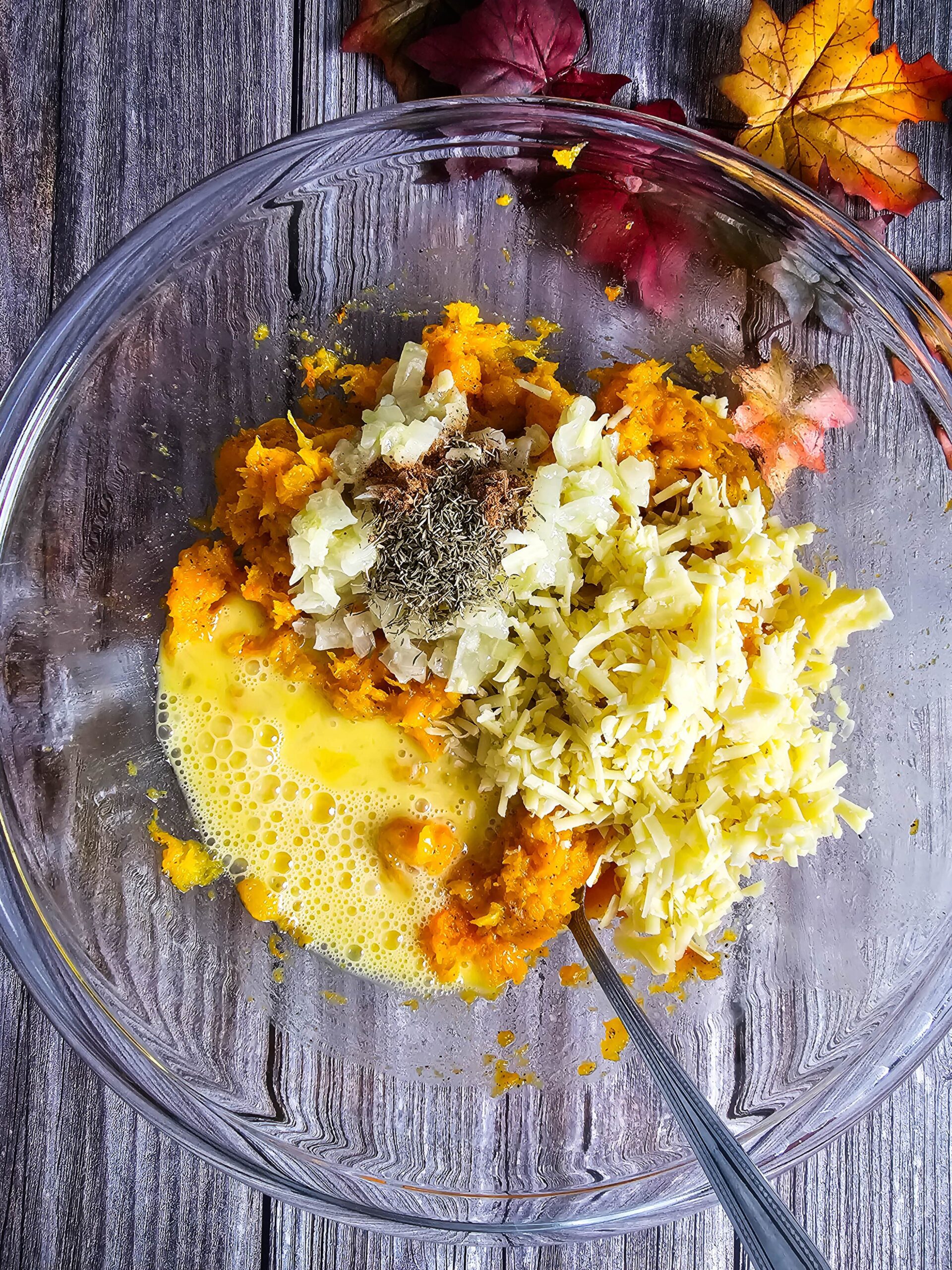 COMBINE THE ROASTED BUTTERNUT SQUASH AND THE OTHER CASSEROLE INGREDIENTS COMBINE AND SPREAD INTO THE CASSEROLE DISH