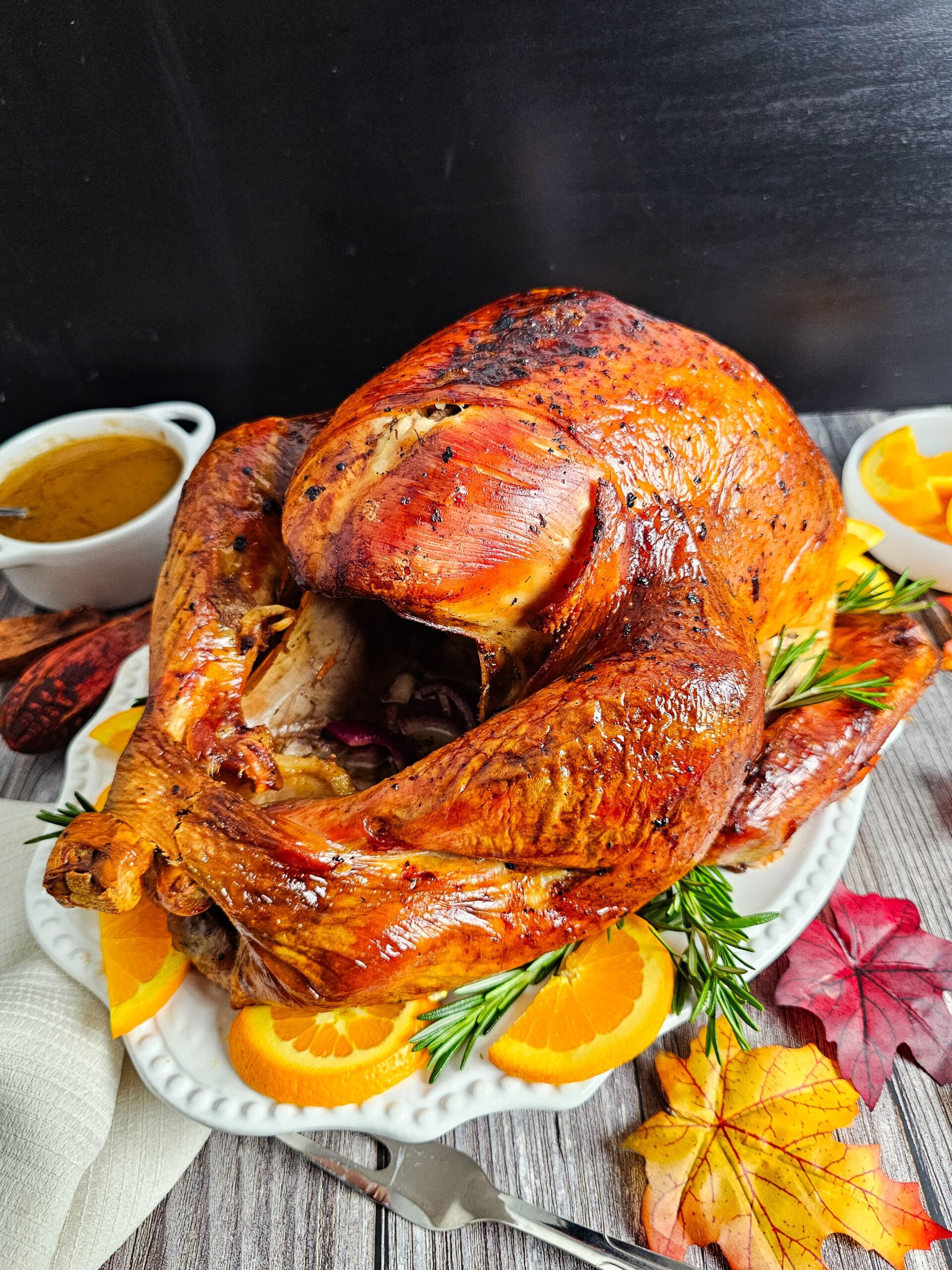 BAKE THE TURKEY UNTIL IT COMES OIT GOLDEN BROWN WITH CRISPY SKIN.